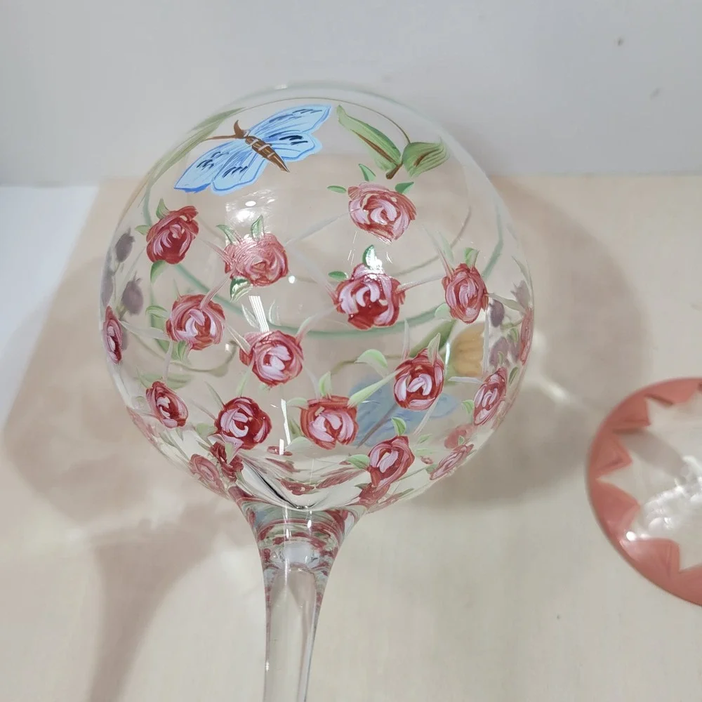 Handpainted Wine Glasses Set of 2‎ Butterflies Roses Floral Design Unique Gift